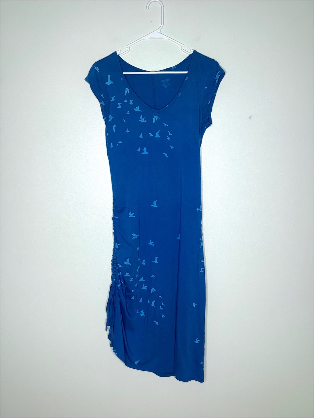 < Toad & Co. Muse Dress Blue Bird Design With Gathered Side Hem >